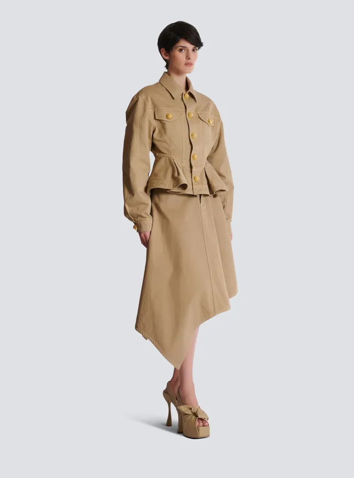 Balmain Ruffled Cotton Canvas Jacket Beige Women Jackets And Blazers
