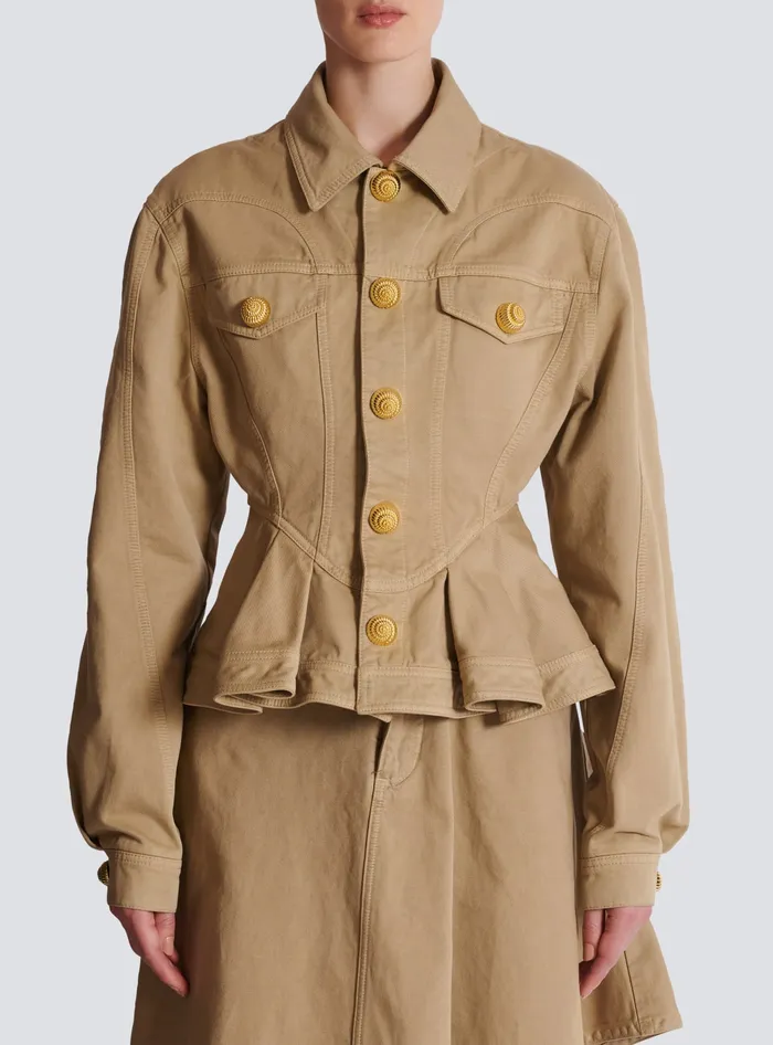 Balmain Ruffled Cotton Canvas Jacket Beige Women Jackets And Blazers