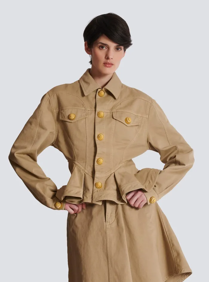Balmain Ruffled Cotton Canvas Jacket Beige Women Jackets And Blazers