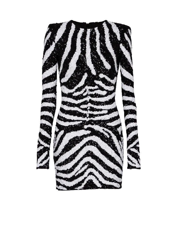 Balmain Short Twotone Zebra Sequin Dress White Women Dresses