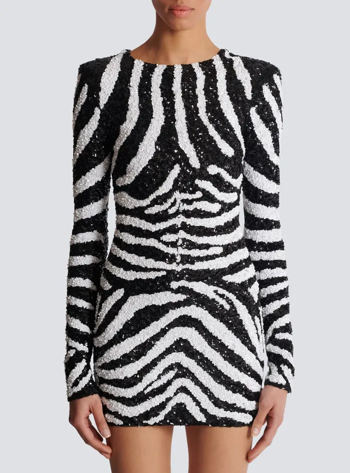 Balmain Short Twotone Zebra Sequin Dress White Women Dresses