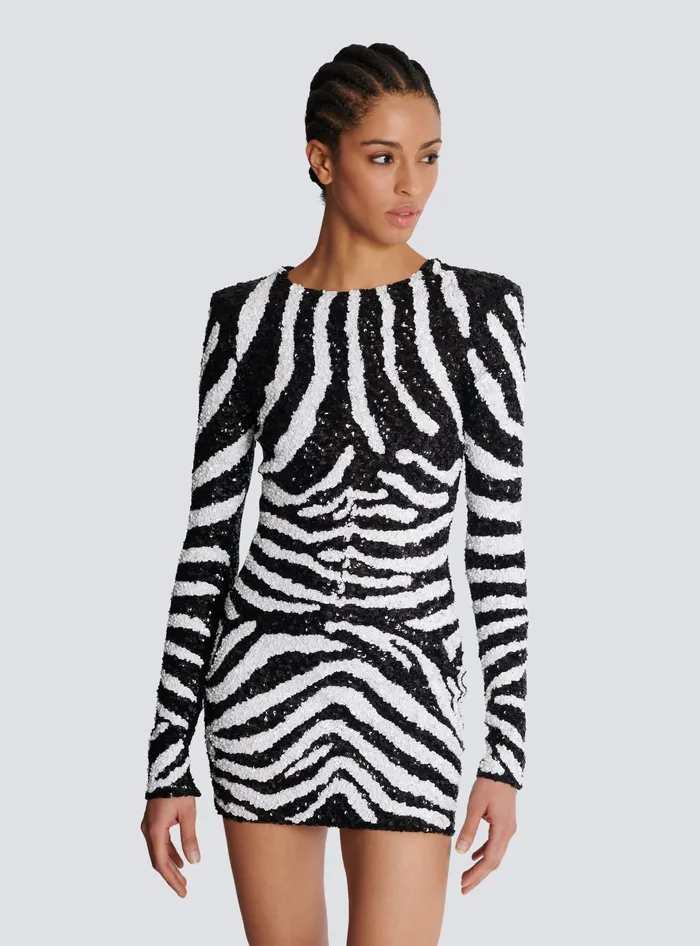 Balmain Short Twotone Zebra Sequin Dress White Women Dresses