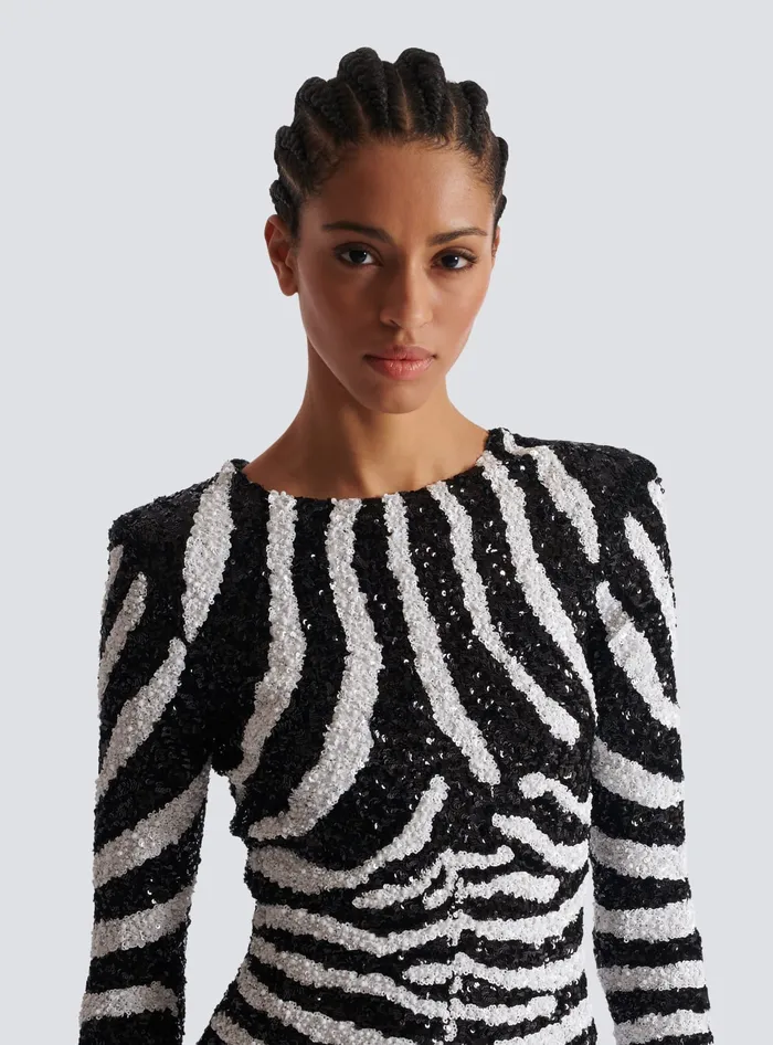 Balmain Short Twotone Zebra Sequin Dress White Women Dresses