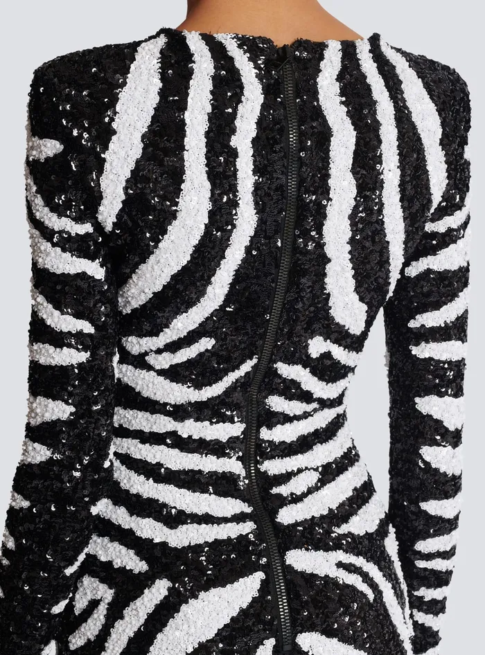 Balmain Short Twotone Zebra Sequin Dress White Women Dresses