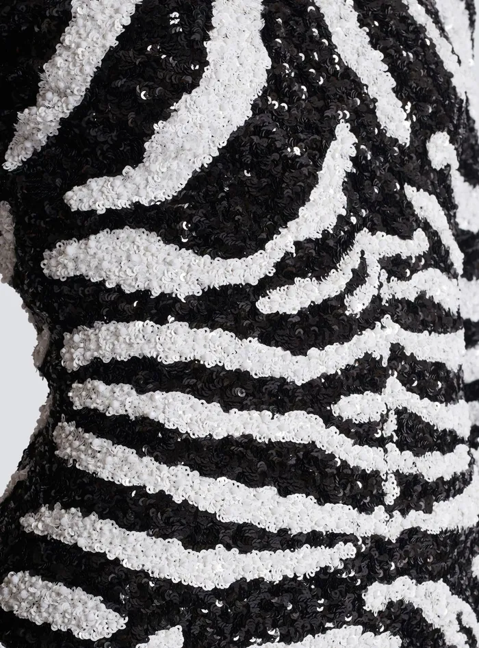 Balmain Short Twotone Zebra Sequin Dress White Women Dresses