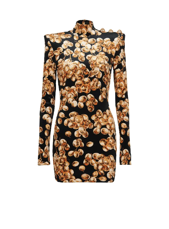 Balmain Short Velvet Dress With Grape Print Gold Women Dresses