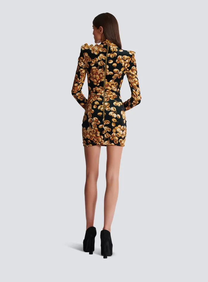 Balmain Short Velvet Dress With Grape Print Gold Women Dresses