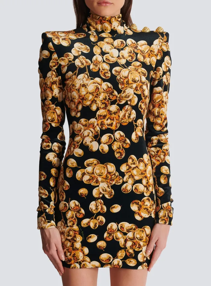 Balmain Short Velvet Dress With Grape Print Gold Women Dresses