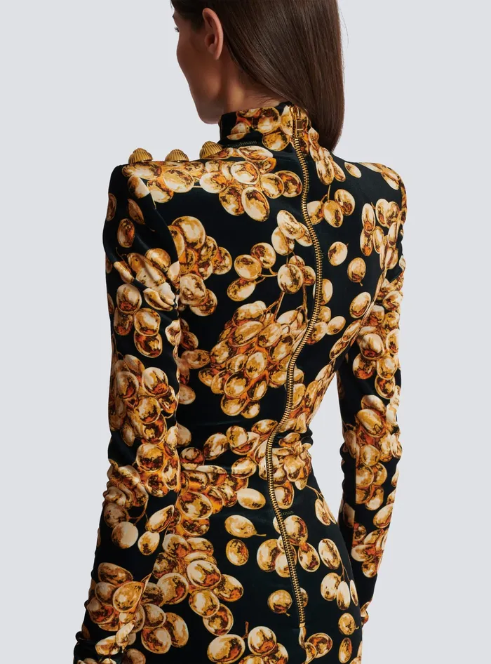 Balmain Short Velvet Dress With Grape Print Gold Women Dresses