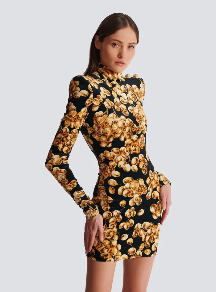 Balmain Short Velvet Dress With Grape Print Gold Women Dresses