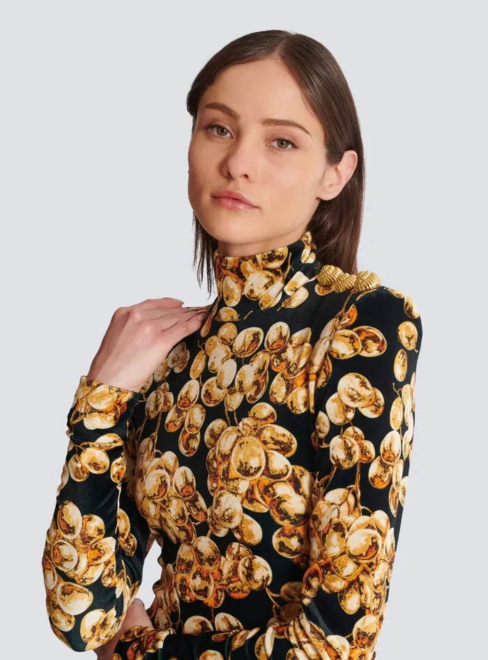 Balmain Short Velvet Dress With Grape Print Gold Women Dresses