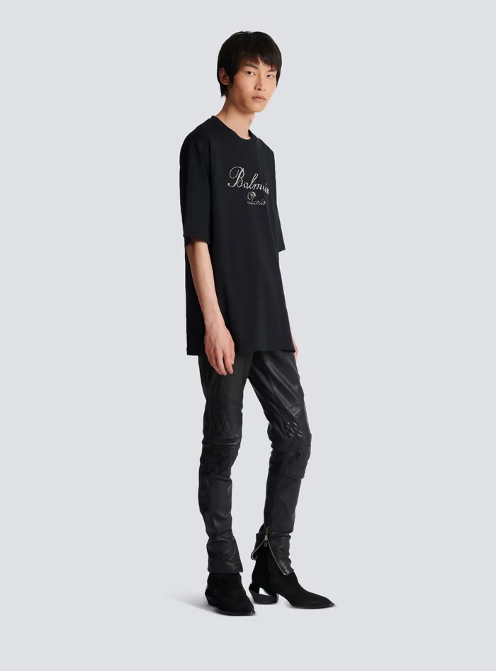 Balmain Signature Embroidered Tshirt Black Men TShirts