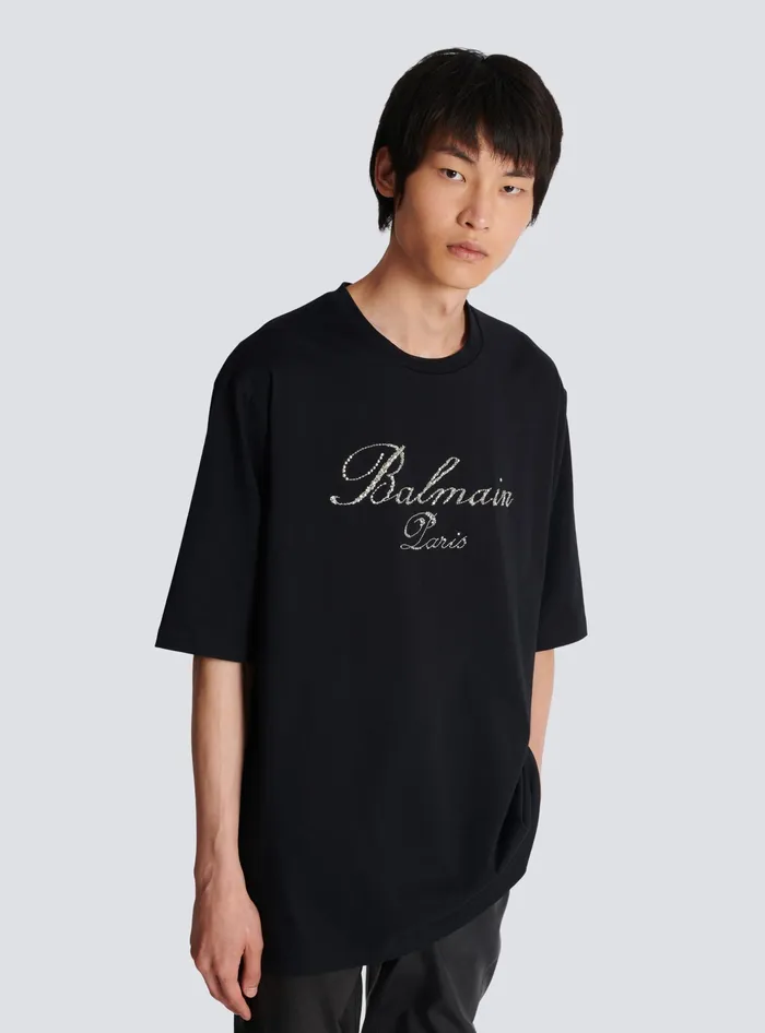 Balmain Signature Embroidered Tshirt Black Men TShirts