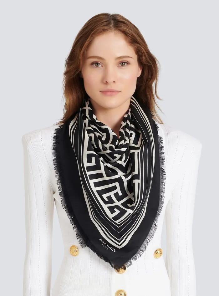 Balmain Silk Monogrammed Scarf Black Women Scarves
