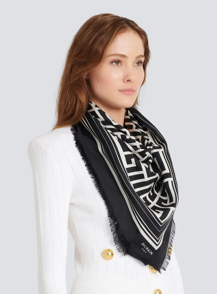 Balmain Silk Monogrammed Scarf Black Women Scarves
