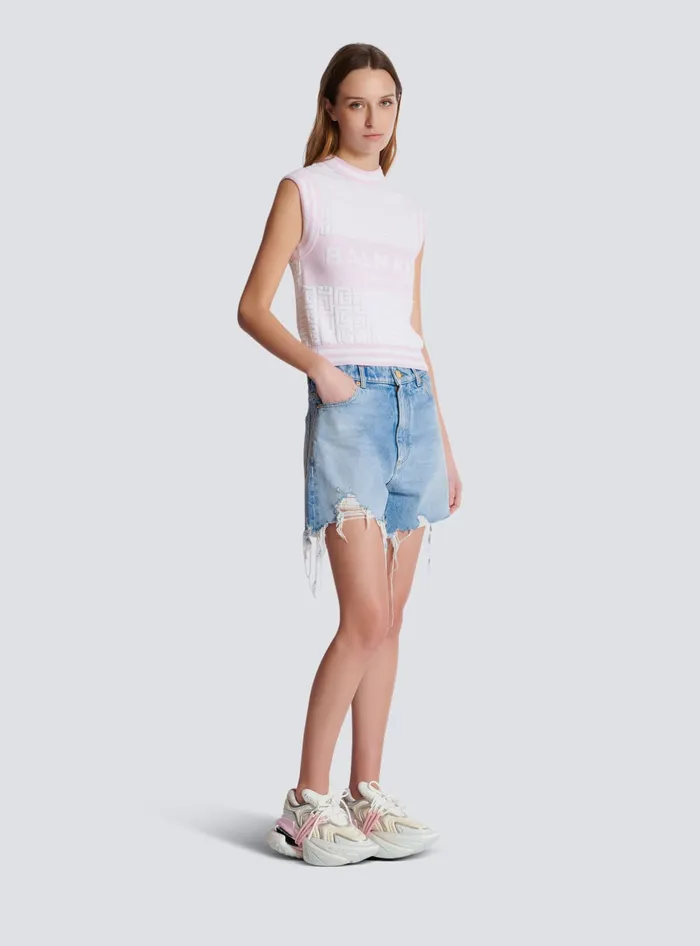 Balmain Sleeveless Monogram Knit Top Pink Women Tops And Shirts