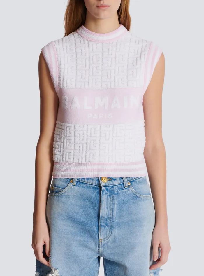 Balmain Sleeveless Monogram Knit Top Pink Women Tops And Shirts