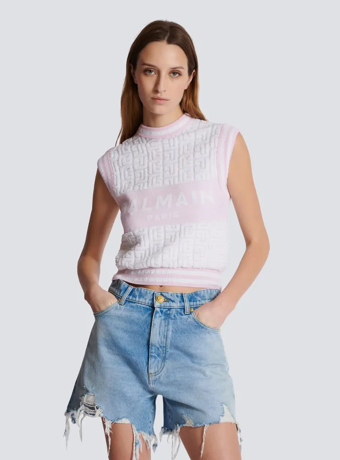 Balmain Sleeveless Monogram Knit Top Pink Women Tops And Shirts