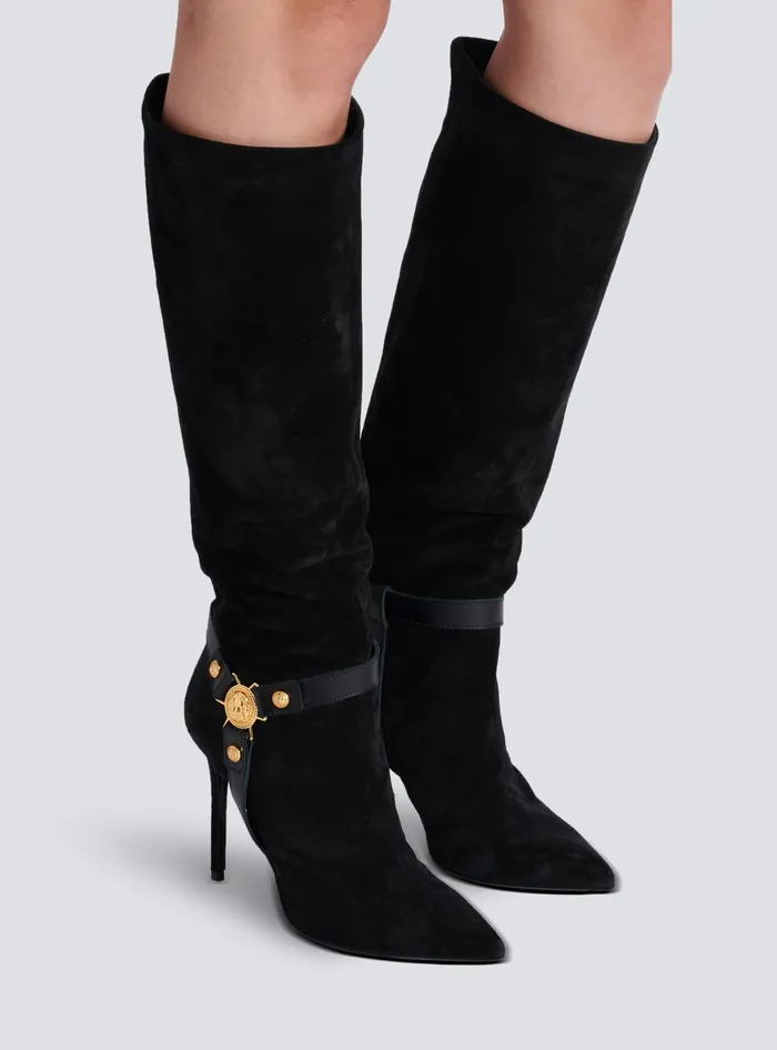 Balmain Slouchy Suede Heeled Eva Boots Black Women Boots