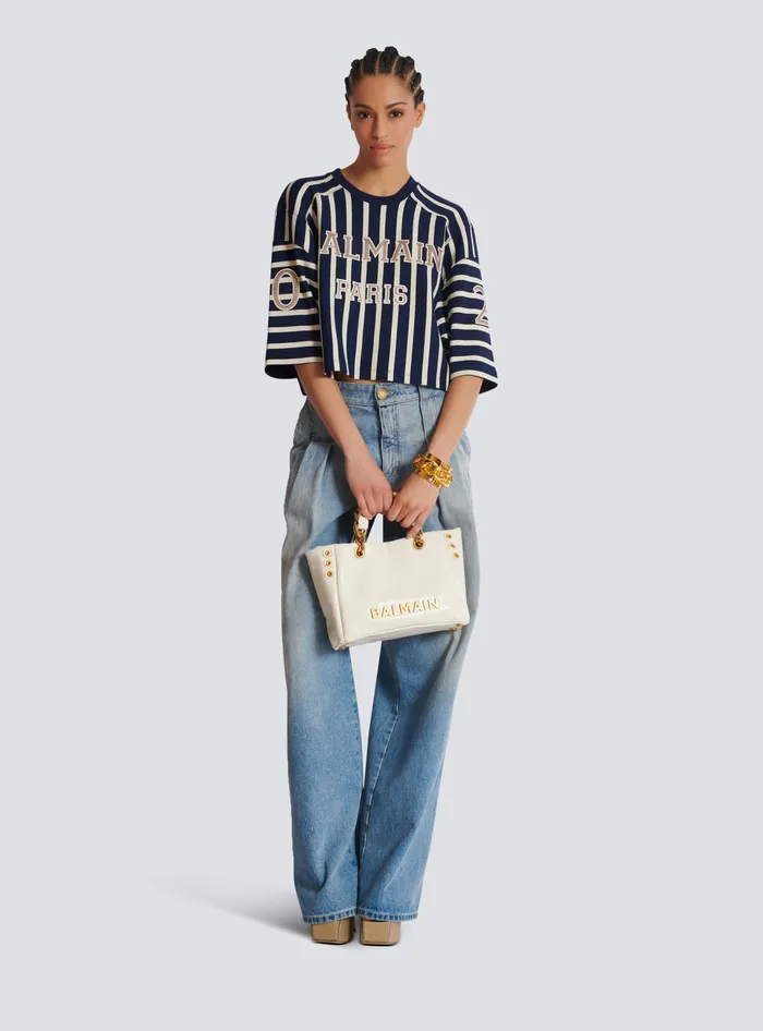 Balmain Small 1945 Soft Bag In Embossed Crackled Calfskin With A PB Labyrinth Monogram White Women Handbags