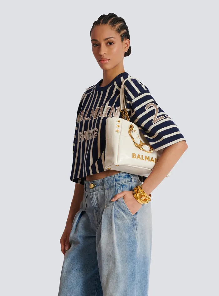 Balmain Small 1945 Soft Bag In Embossed Crackled Calfskin With A PB Labyrinth Monogram White Women Handbags