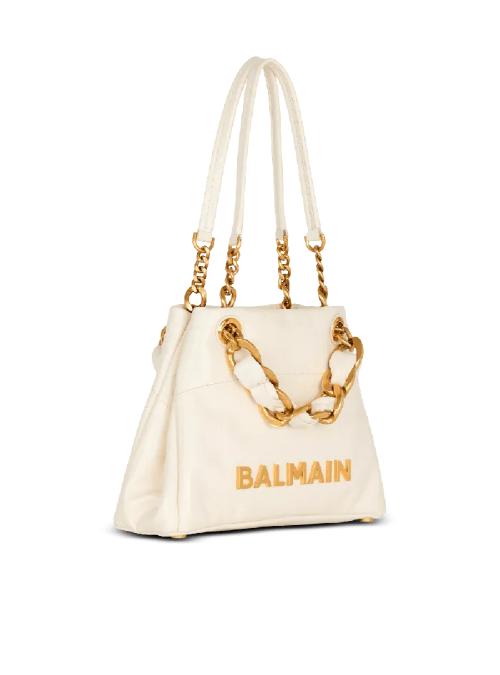 Balmain Small 1945 Soft Bag In Embossed Crackled Calfskin With A PB Labyrinth Monogram White Women Handbags
