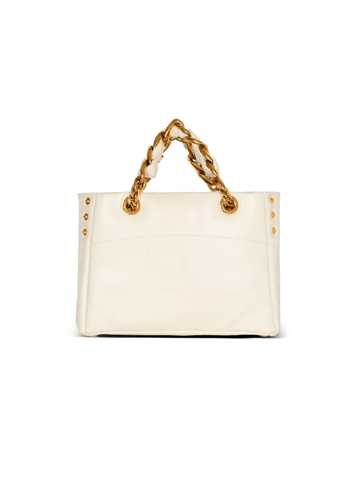 Balmain Small 1945 Soft Bag In Embossed Crackled Calfskin With A PB Labyrinth Monogram White Women Handbags