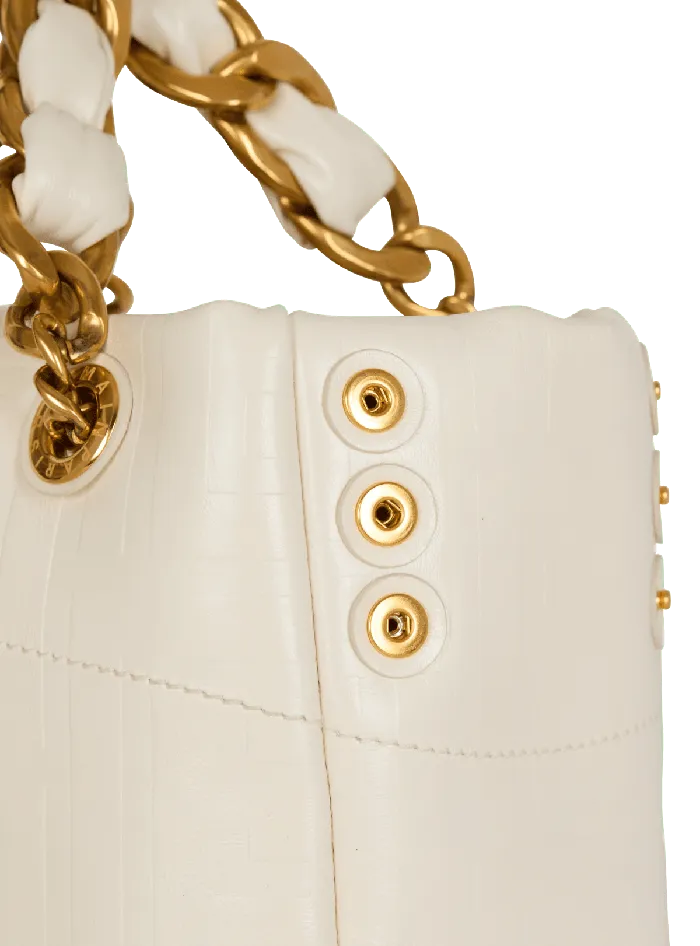 Balmain Small 1945 Soft Bag In Embossed Crackled Calfskin With A PB Labyrinth Monogram White Women Handbags