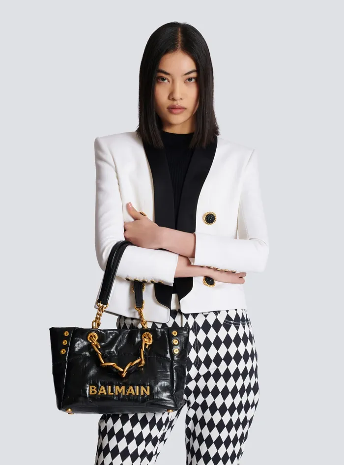 Balmain Small 1945 Soft Tote Bag In Crackled Calfskin Black Women Tote Bags