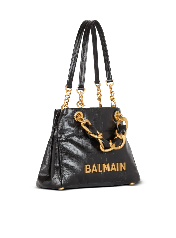 Balmain Small 1945 Soft Tote Bag In Crackled Calfskin Black Women Tote Bags