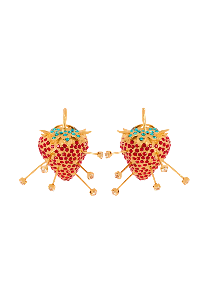 Balmain Strawberry Earrings With Brass Studs And Rhinestones Red Women Fashion Jewelry