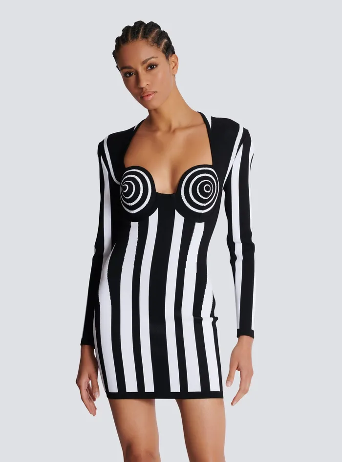 Balmain Striped Knit Dress Black Women Dresses