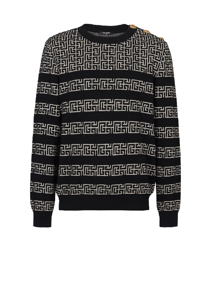Balmain Striped PB Labyrinth Wool And Linen Jumper Black Men Knitwear