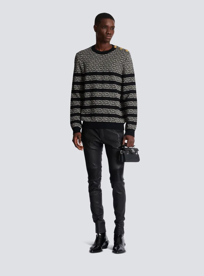Balmain Striped PB Labyrinth Wool And Linen Jumper Black Men Knitwear