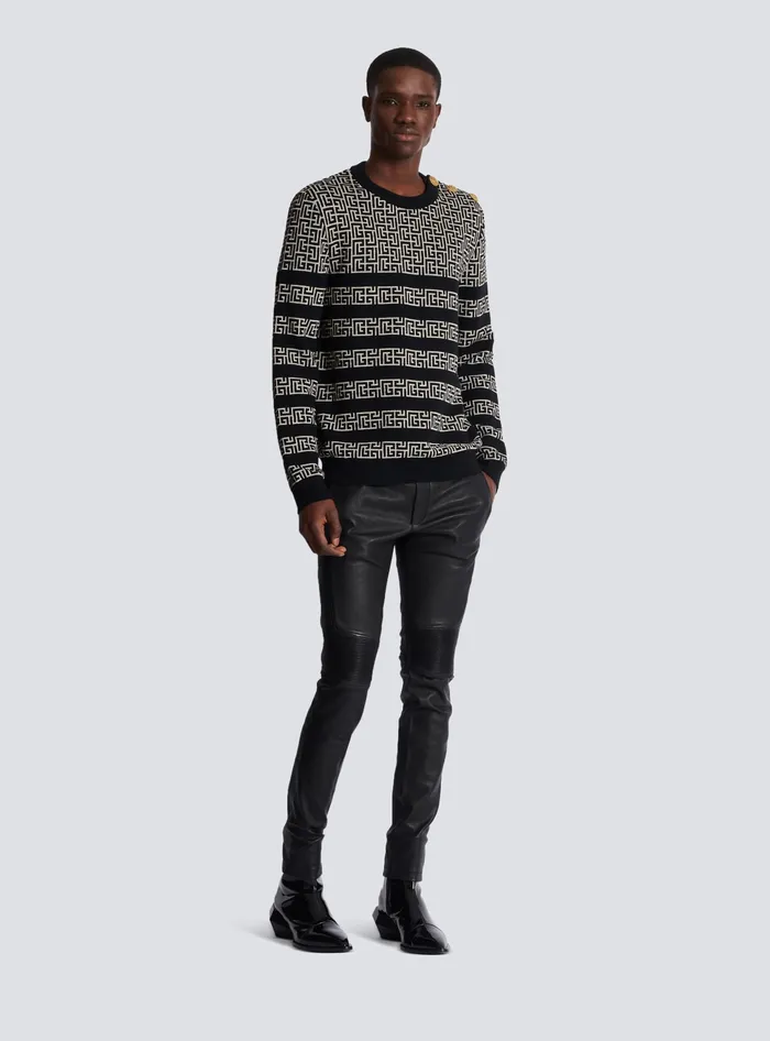 Balmain Striped PB Labyrinth Wool And Linen Jumper Black Men Knitwear