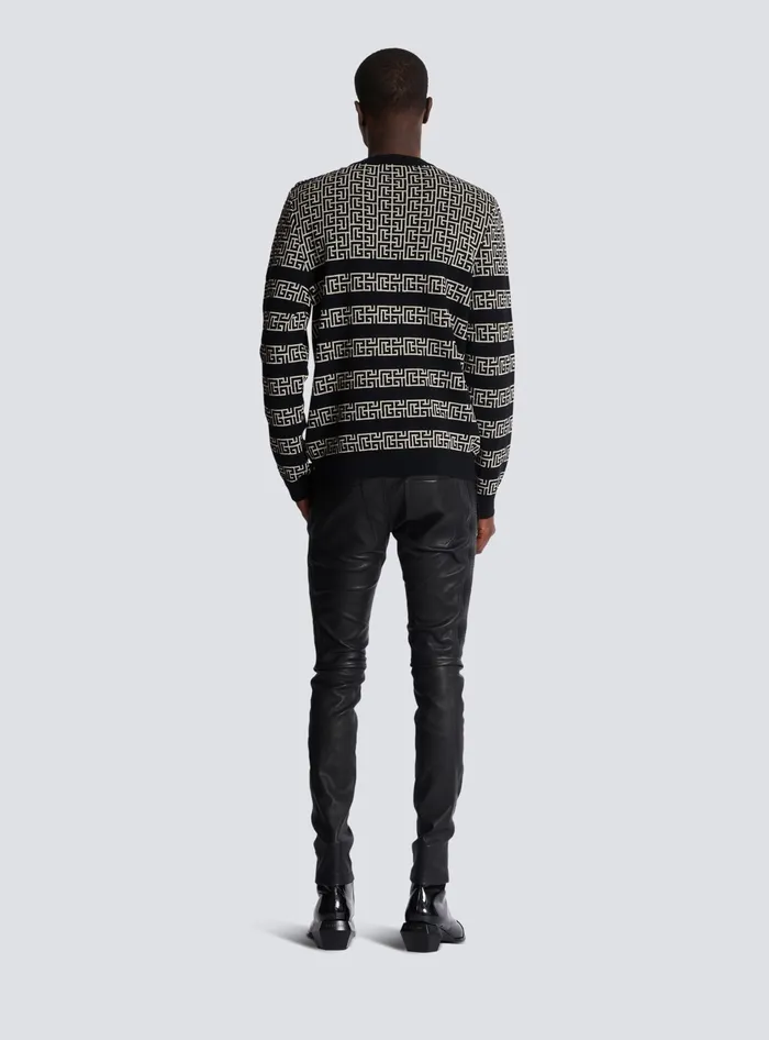 Balmain Striped PB Labyrinth Wool And Linen Jumper Black Men Knitwear