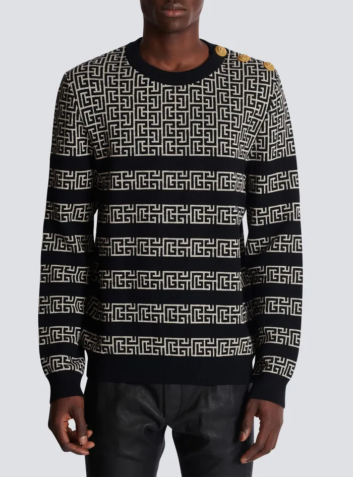 Balmain Striped PB Labyrinth Wool And Linen Jumper Black Men Knitwear