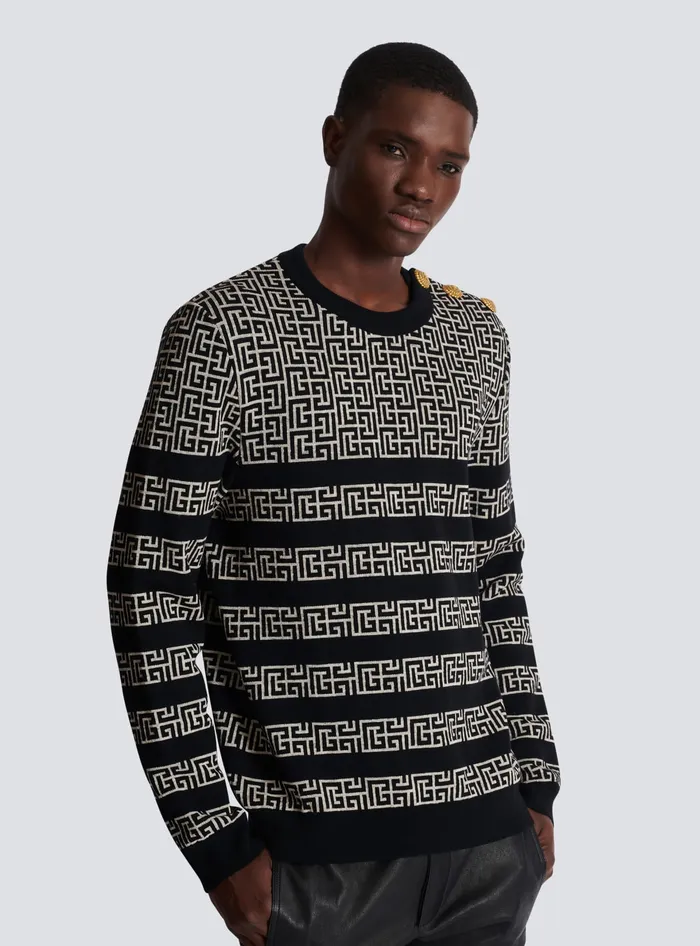 Balmain Striped PB Labyrinth Wool And Linen Jumper Black Men Knitwear