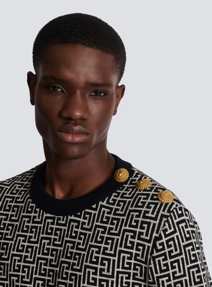 Balmain Striped PB Labyrinth Wool And Linen Jumper Black Men Knitwear