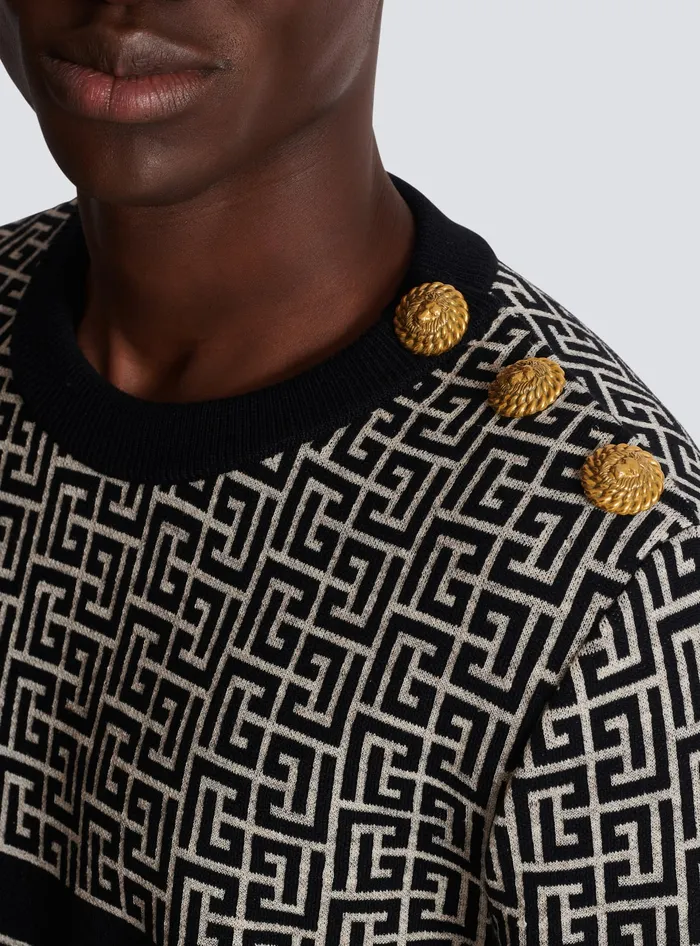 Balmain Striped PB Labyrinth Wool And Linen Jumper Black Men Knitwear