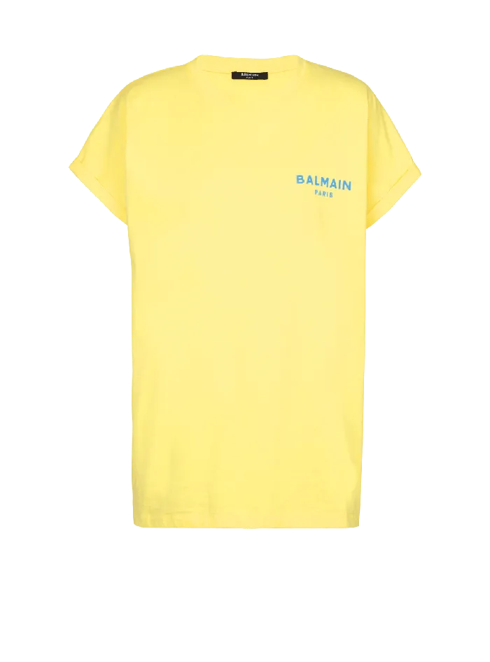 Balmain Tshirt With Flocked Paris Logo Yellow Women TShirts