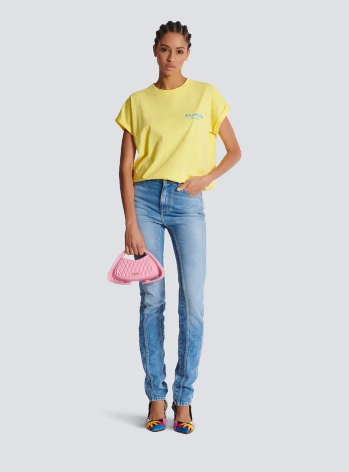 Balmain Tshirt With Flocked Paris Logo Yellow Women TShirts