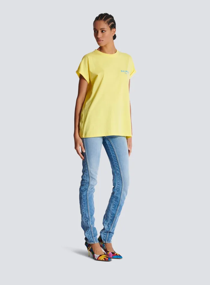 Balmain Tshirt With Flocked Paris Logo Yellow Women TShirts