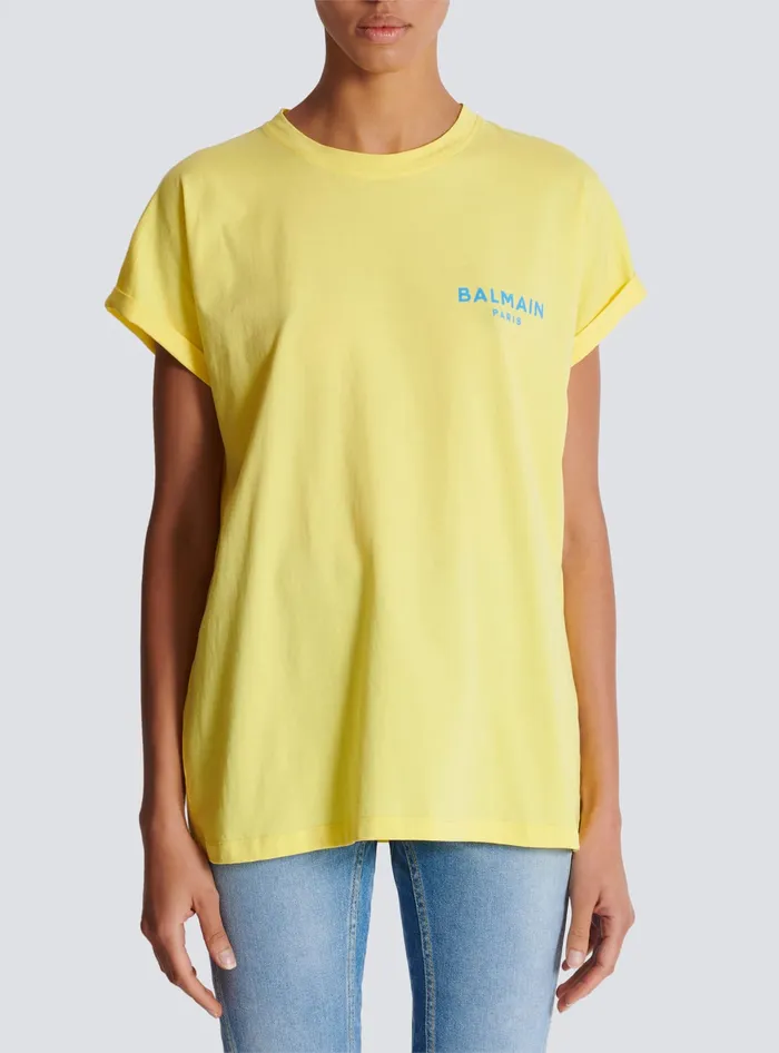 Balmain Tshirt With Flocked Paris Logo Yellow Women TShirts