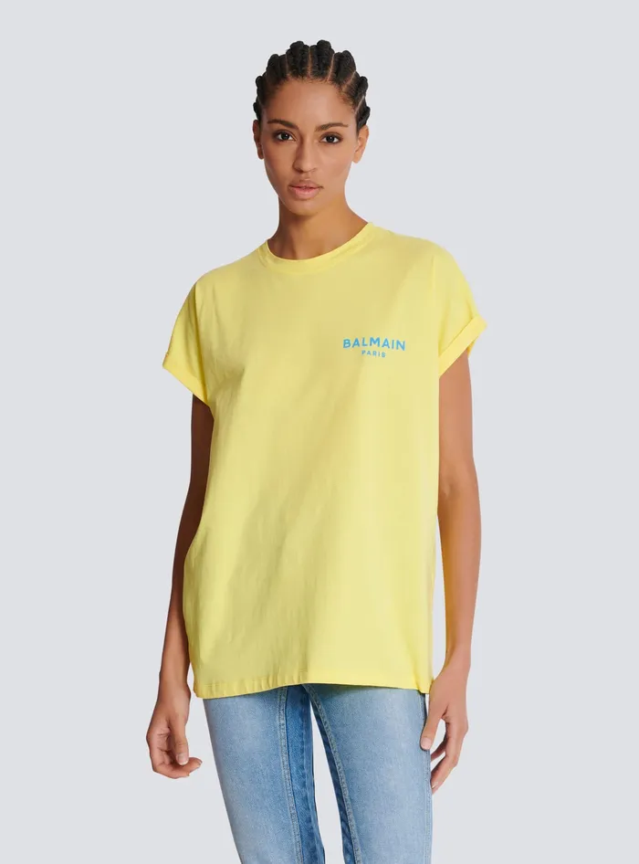 Balmain Tshirt With Flocked Paris Logo Yellow Women TShirts