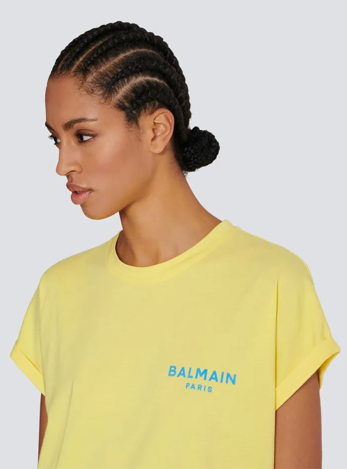 Balmain Tshirt With Flocked Paris Logo Yellow Women TShirts