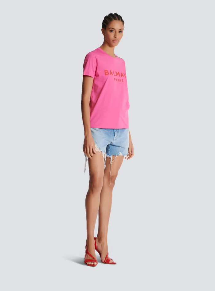 Balmain Tshirt With Paris Print Pink Women TShirts