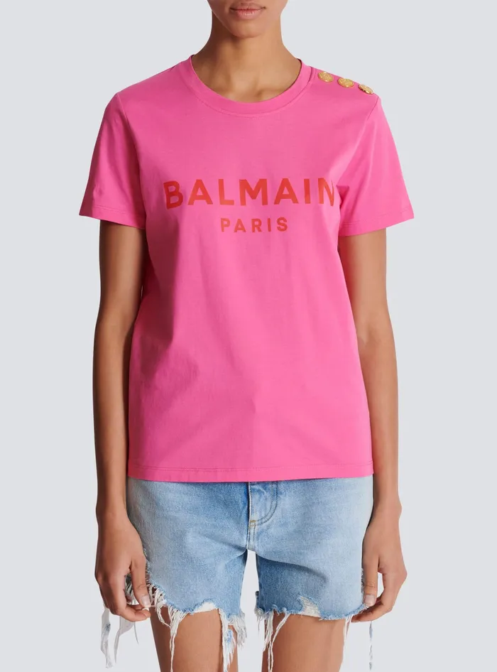 Balmain Tshirt With Paris Print Pink Women TShirts