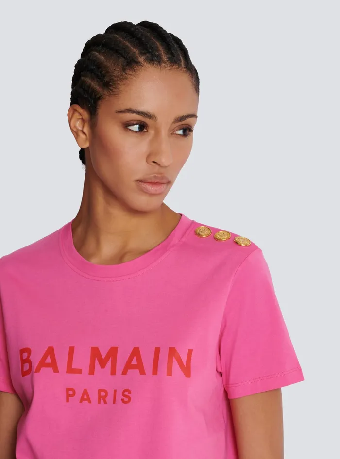 Balmain Tshirt With Paris Print Pink Women TShirts