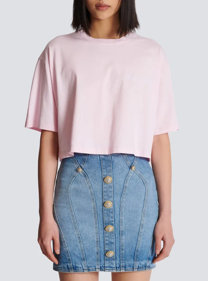 Balmain Tshirt With Signature Embroidery Pink Women TShirts